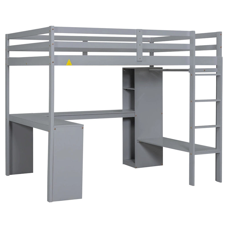 Grey Full Size Solid Wiood Loft Bed with L-shaped Desk, Wardrobe and Storage Shelves