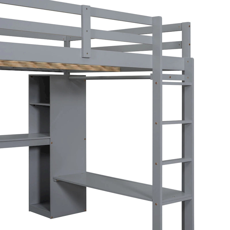 Grey Full Solid Wood Loft Bed with L-Shaped Desk, Wardrobe, and Shelves