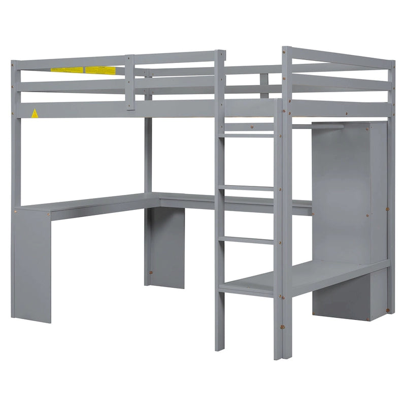 Grey Full Solid Wood Loft Bed with L-Shaped Desk, Wardrobe, and Shelves