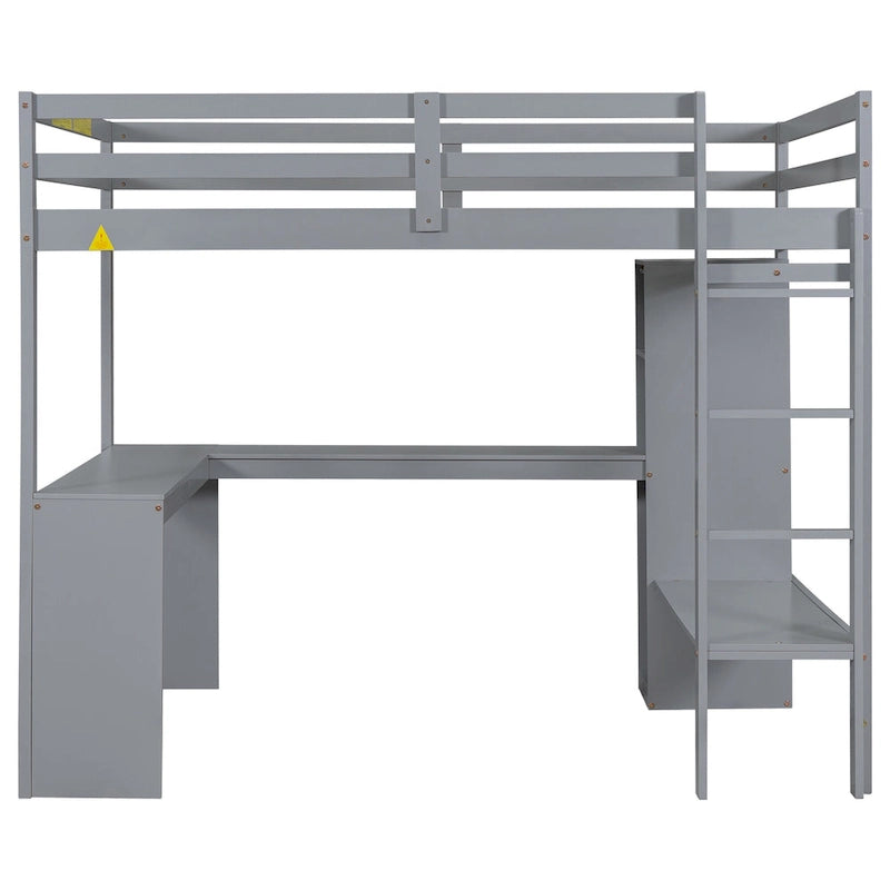 Grey Full Solid Wood Loft Bed with L-Shaped Desk, Wardrobe, and Shelves