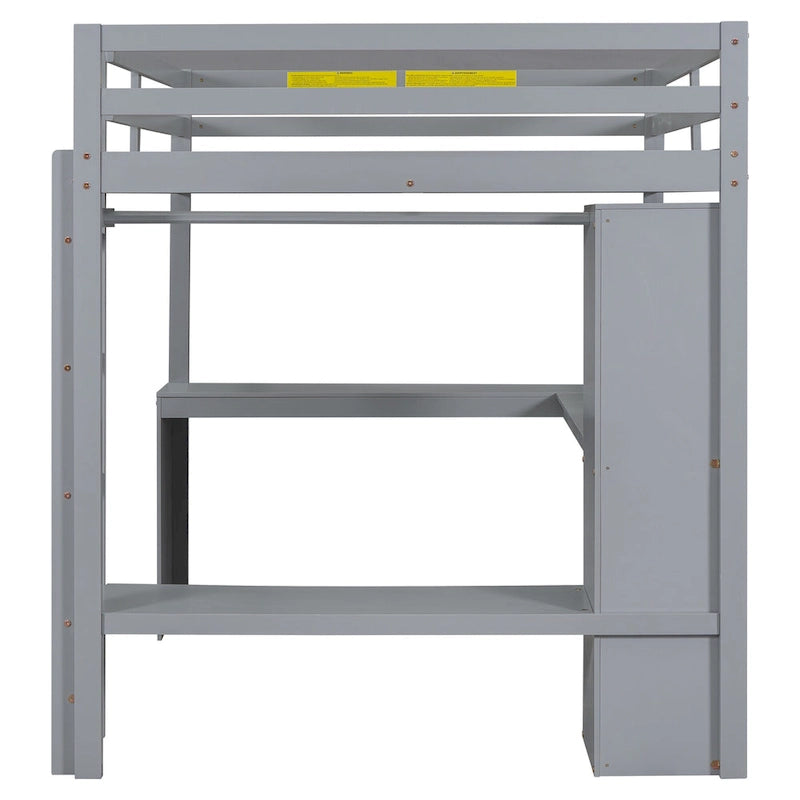 Grey Full Solid Wood Loft Bed with L-Shaped Desk, Wardrobe, and Shelves