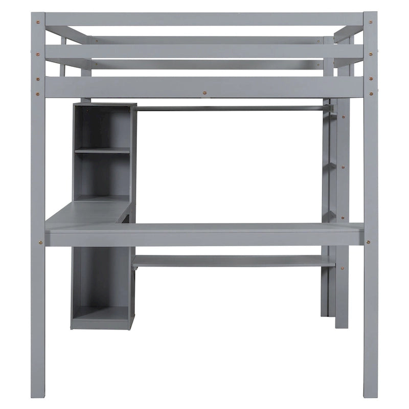 Grey Full Solid Wood Loft Bed with L-Shaped Desk, Wardrobe, and Shelves