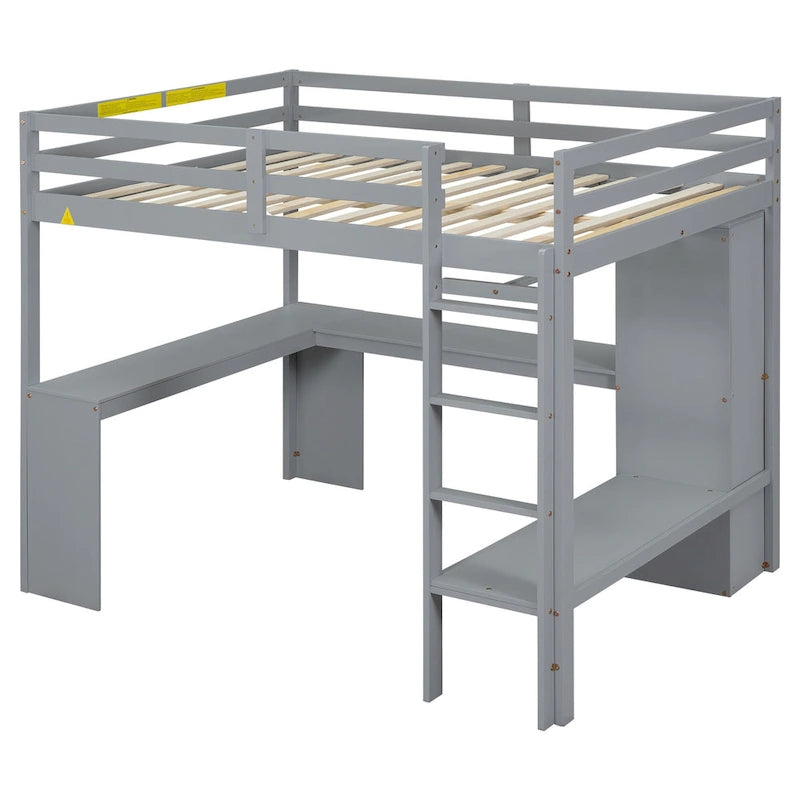 Grey Full Solid Wood Loft Bed with L-Shaped Desk, Wardrobe, and Shelves
