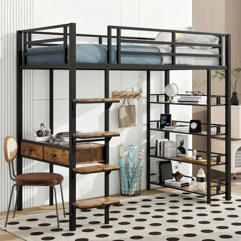 Black Twin Metal Loft Bed with Desk, Ladder, Shelves for Kids