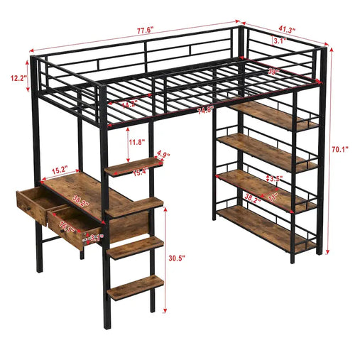 Black Twin Size Metal Loft Bed with Desk, Ladder, Fence, and Shelves for Kids