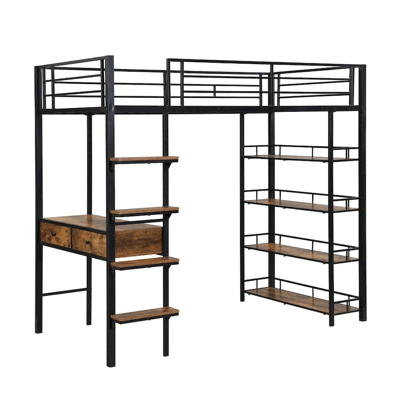Black Twin Metal Loft Bed with Desk, Ladder, Shelves for Kids