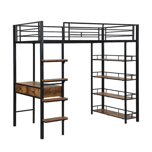 Black Twin Metal Loft Bed with Desk, Ladder, Shelves for Kids
