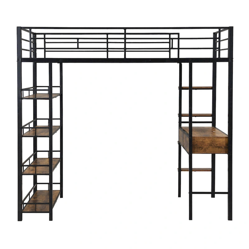 Black Twin Metal Loft Bed with Desk, Ladder, Shelves for Kids
