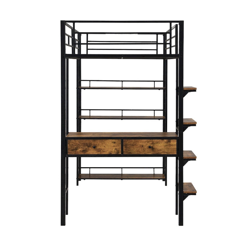Black Twin Metal Loft Bed with Desk, Ladder, Shelves for Kids