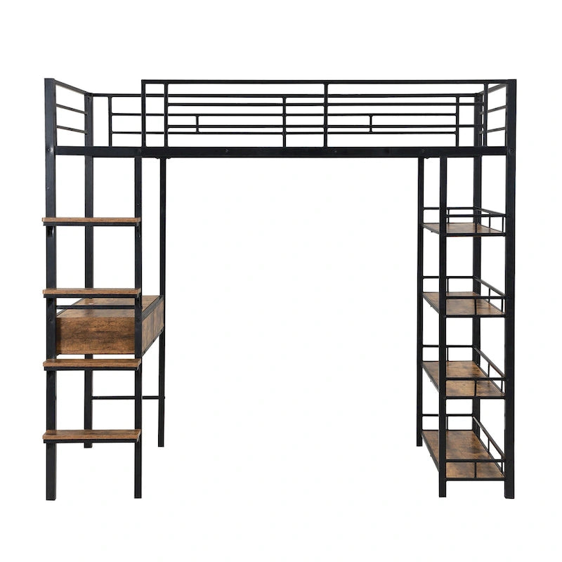 Black Twin Metal Loft Bed with Desk, Ladder, Shelves for Kids