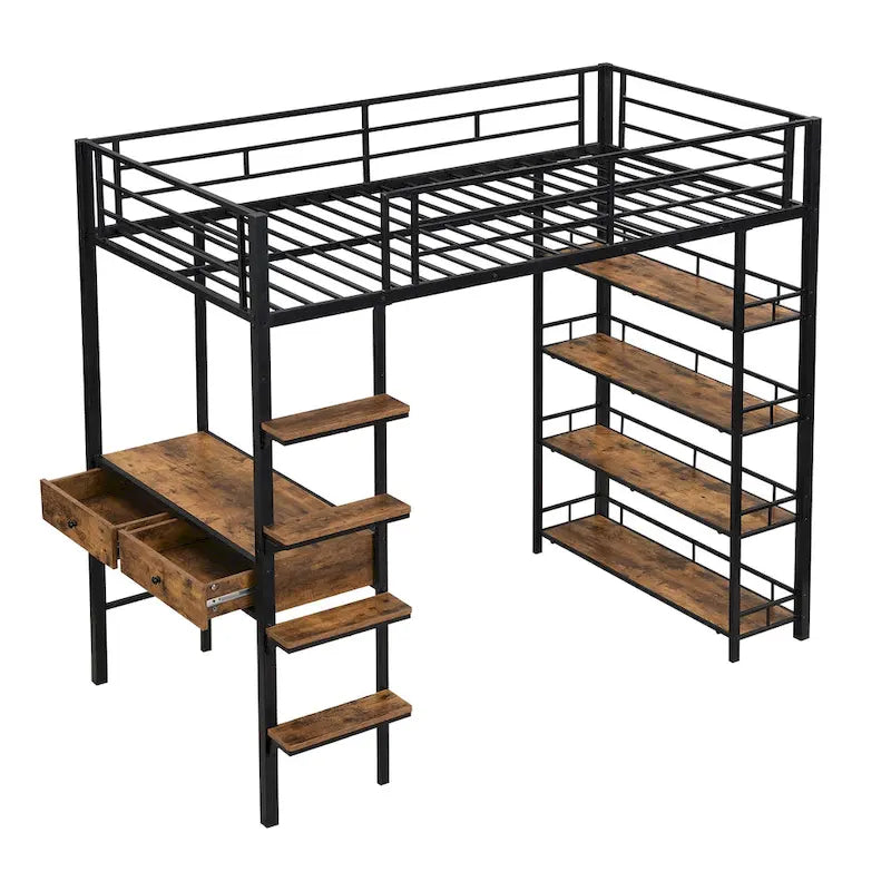 Black Twin Metal Loft Bed with Desk, Ladder, Shelves for Kids