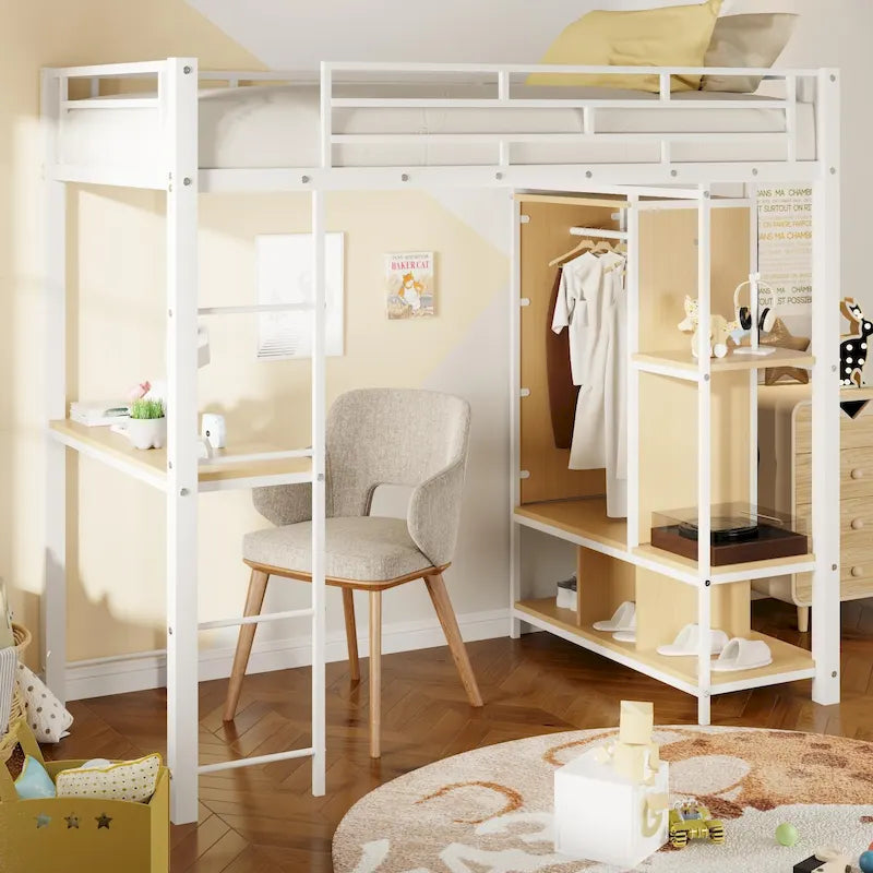 White Twin Metal Loft Bed with Wardrobe, Desk, and Shelves