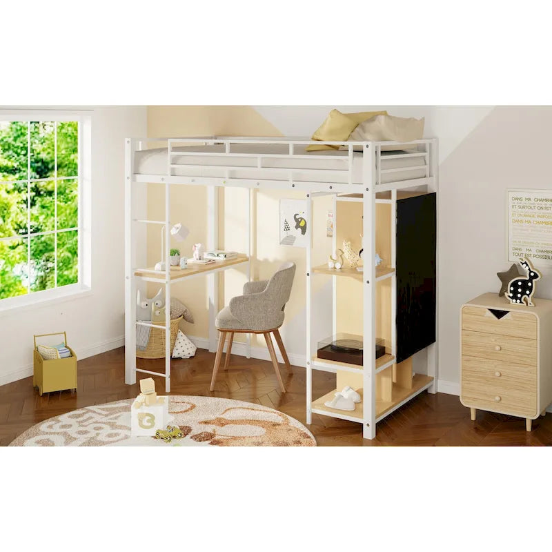White Twin Size Metal Loft Bed with Built-in Wardrobe, Desk, and Shelves