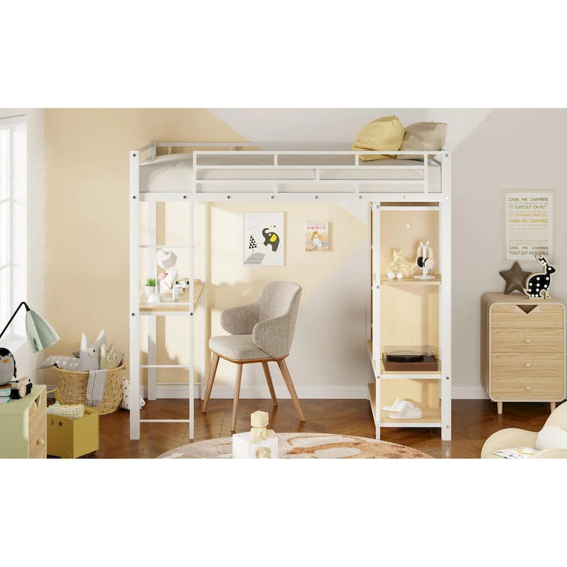 White Twin Metal Loft Bed with Wardrobe, Desk, and Shelves
