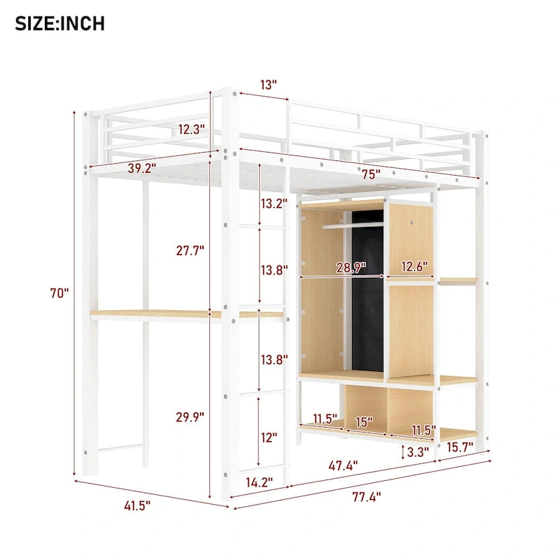 White Twin Metal Loft Bed with Wardrobe, Desk, and Shelves