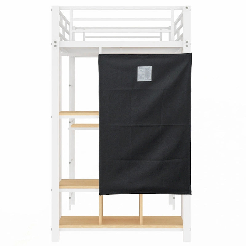 White Twin Metal Loft Bed with Wardrobe, Desk, and Shelves