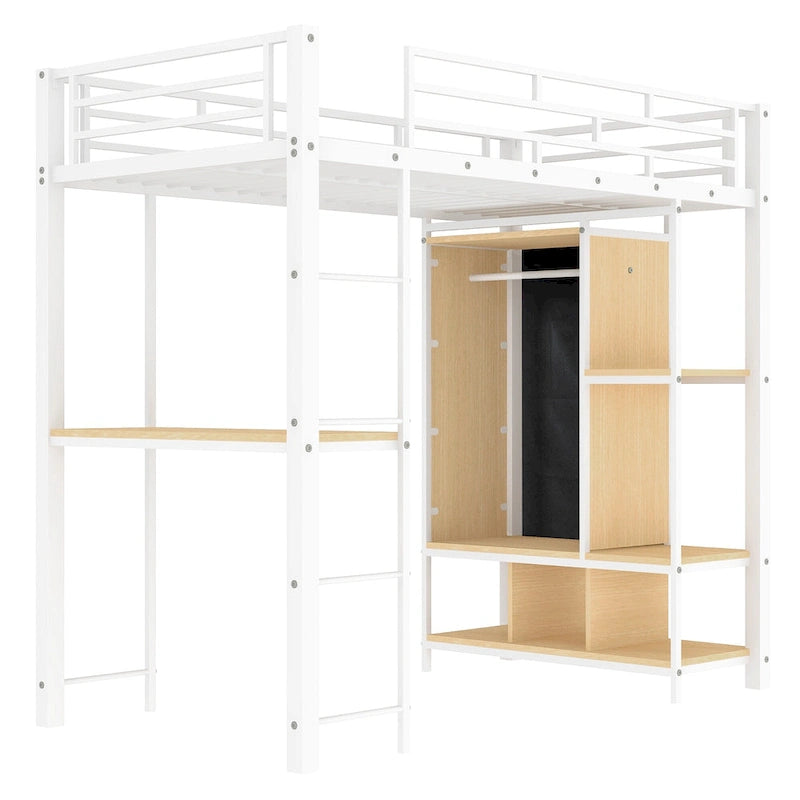 White Twin Metal Loft Bed with Wardrobe, Desk, and Shelves