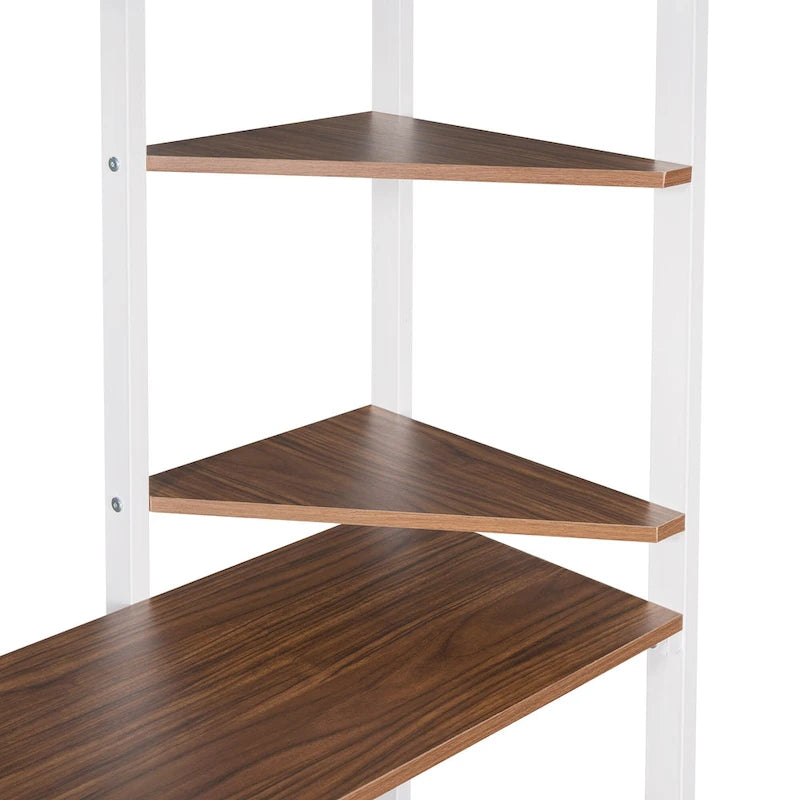 White Twin Metal Loft Bed with Ladder, Fence, 2 Shelves, and Desk