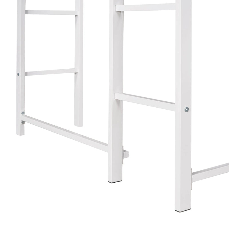 White Twin Metal Loft Bed with Ladder, Fence, 2 Shelves, and Desk