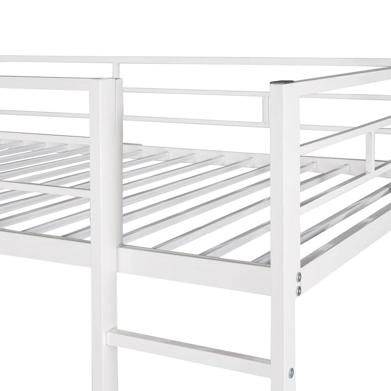White Twin Metal Loft Bed with Ladder, Fence, 2 Shelves, and Desk