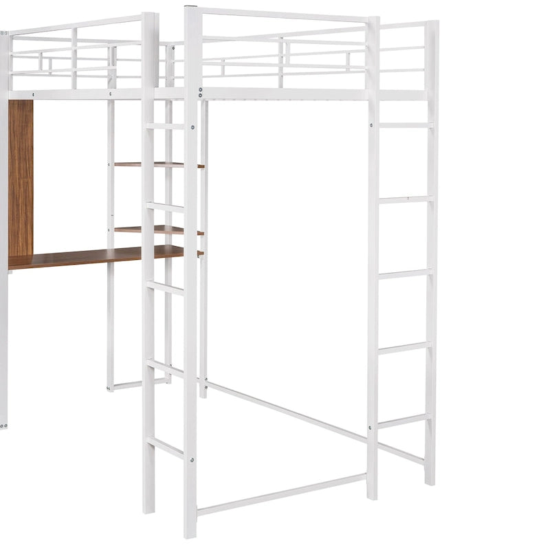 White Twin Metal Loft Bed with Ladder, Fence, 2 Shelves, and Desk