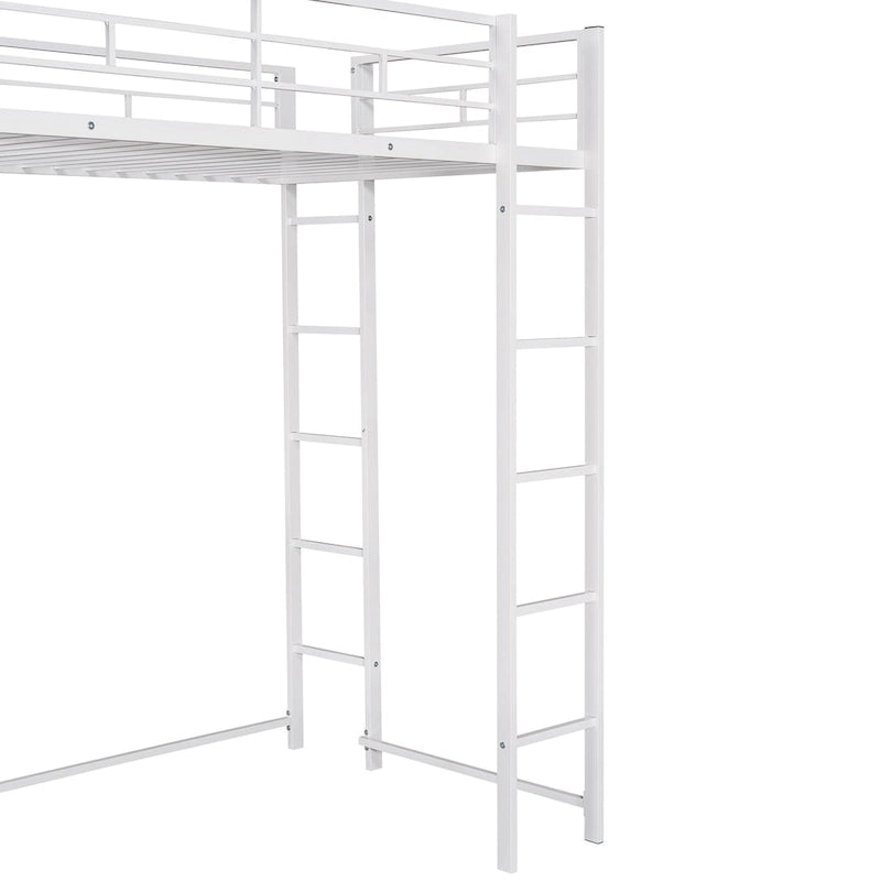 White Twin Metal Loft Bed with Ladder, Fence, 2 Shelves, and Desk