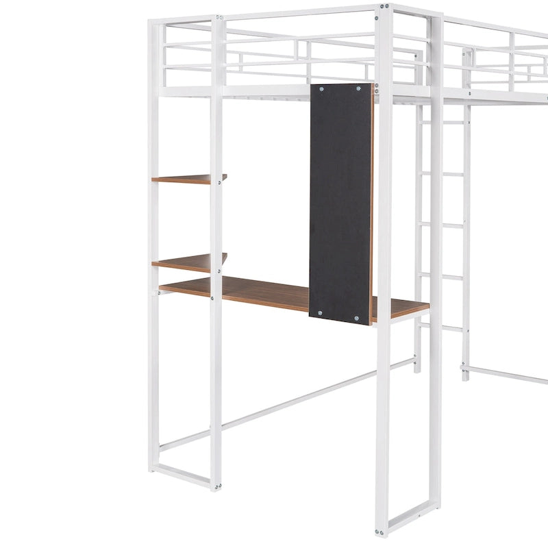 White Twin Metal Loft Bed with Ladder, Fence, 2 Shelves, and Desk