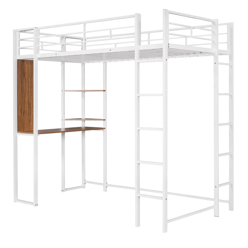 White Twin Metal Loft Bed with Ladder, Fence, 2 Shelves, and Desk