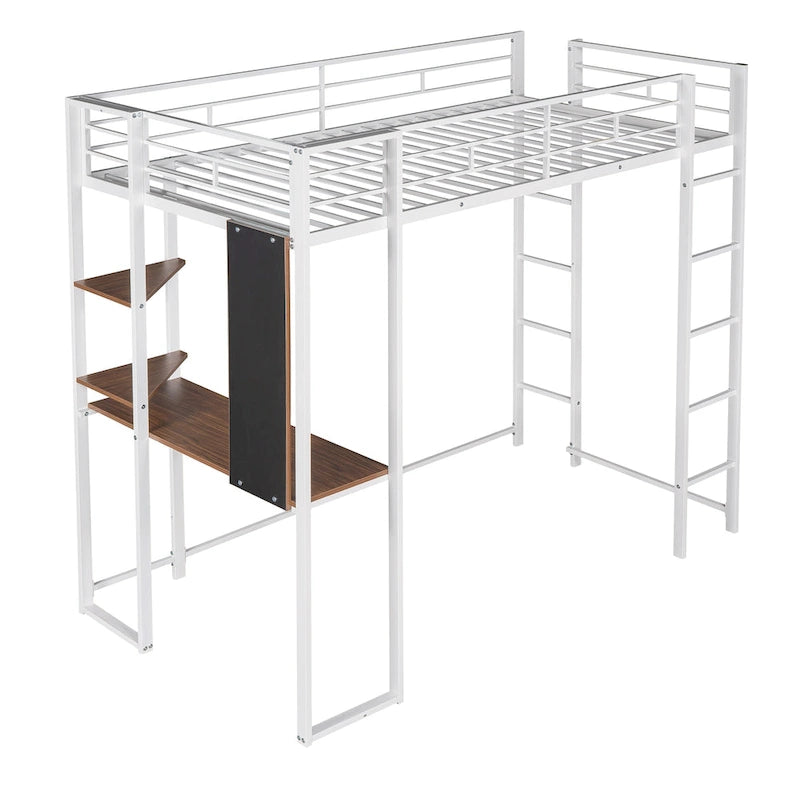 White Twin Metal Loft Bed with Ladder, Fence, 2 Shelves, and Desk