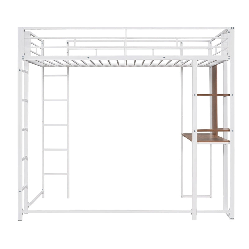 White Twin Metal Loft Bed with Ladder, Fence, 2 Shelves, and Desk