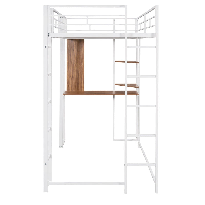 White Twin Metal Loft Bed with Ladder, Fence, 2 Shelves, and Desk