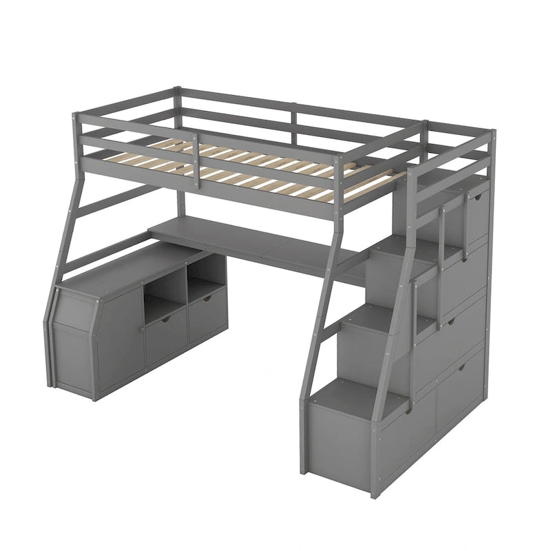Gray Twin Wood Loft Bed with 7 Drawers, 2 Shelves, Ladder and Desk