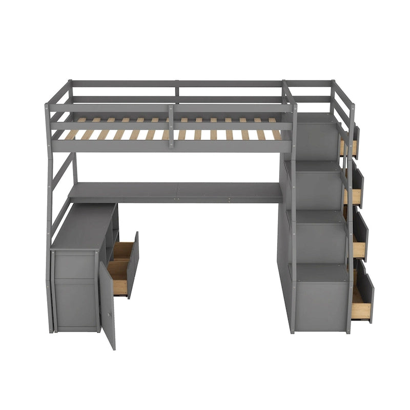Gray Twin Wood Loft Bed with 7 Drawers, 2 Shelves, Ladder and Desk