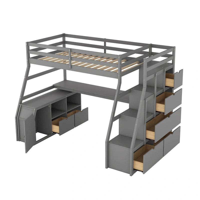Gray Twin Wood Loft Bed with 7 Drawers, 2 Shelves, Ladder and Desk