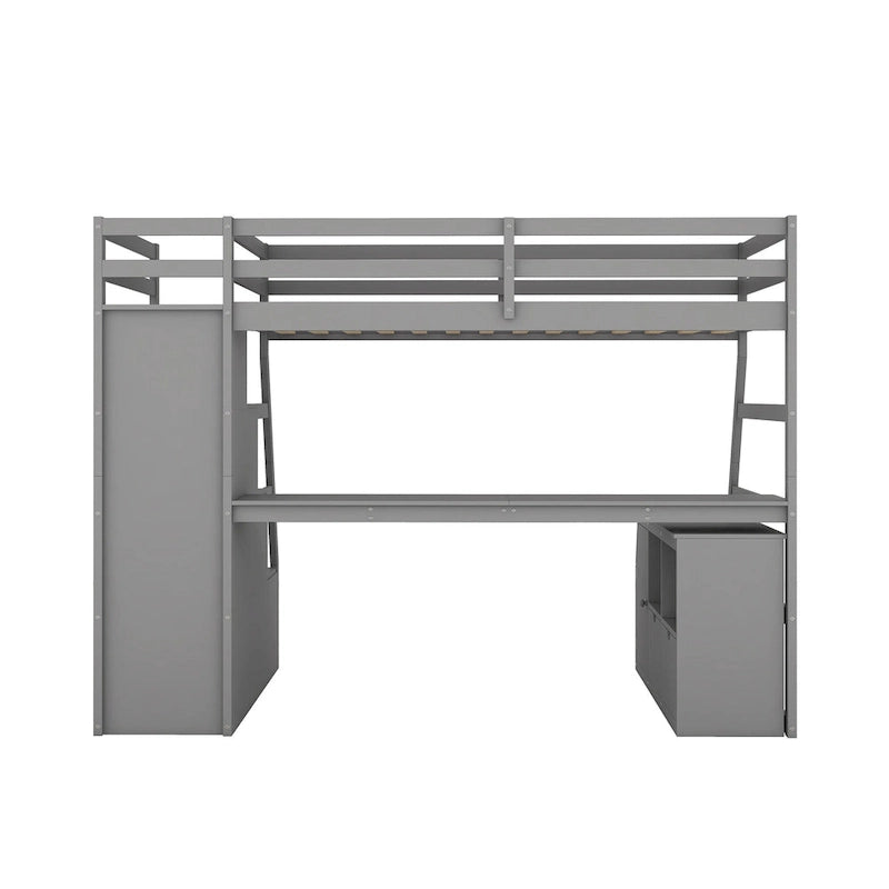 Gray Twin Wood Loft Bed with 7 Drawers, 2 Shelves, Ladder and Desk
