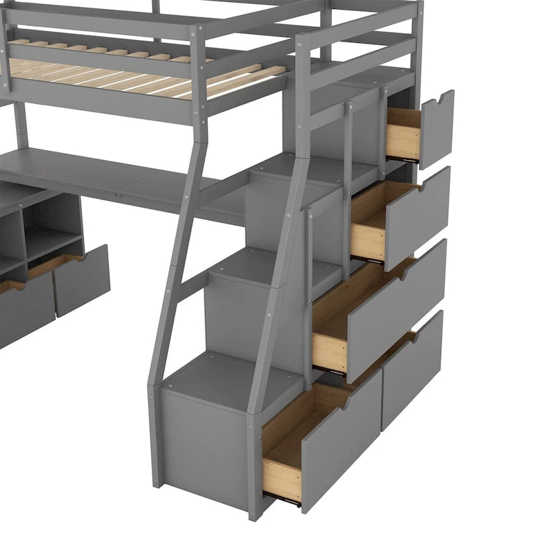 Gray Twin Wood Loft Bed with 7 Drawers, 2 Shelves, Ladder and Desk