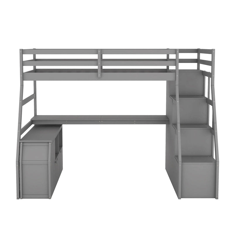 Gray Twin Wood Loft Bed with 7 Drawers, 2 Shelves, Ladder and Desk
