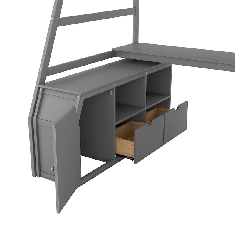 Gray Twin Wood Loft Bed with 7 Drawers, 2 Shelves, Ladder and Desk