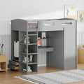 Gray Twin Solid Wood Loft Bed with Desk, Wardrobes, 4 Drawers, 4 Shelves