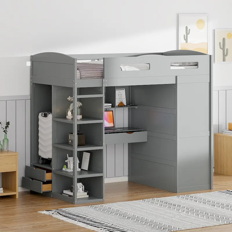 Gray Twin Solid Wood Loft Bed with Desk, Wardrobes, 4 Drawers, 4 Shelves