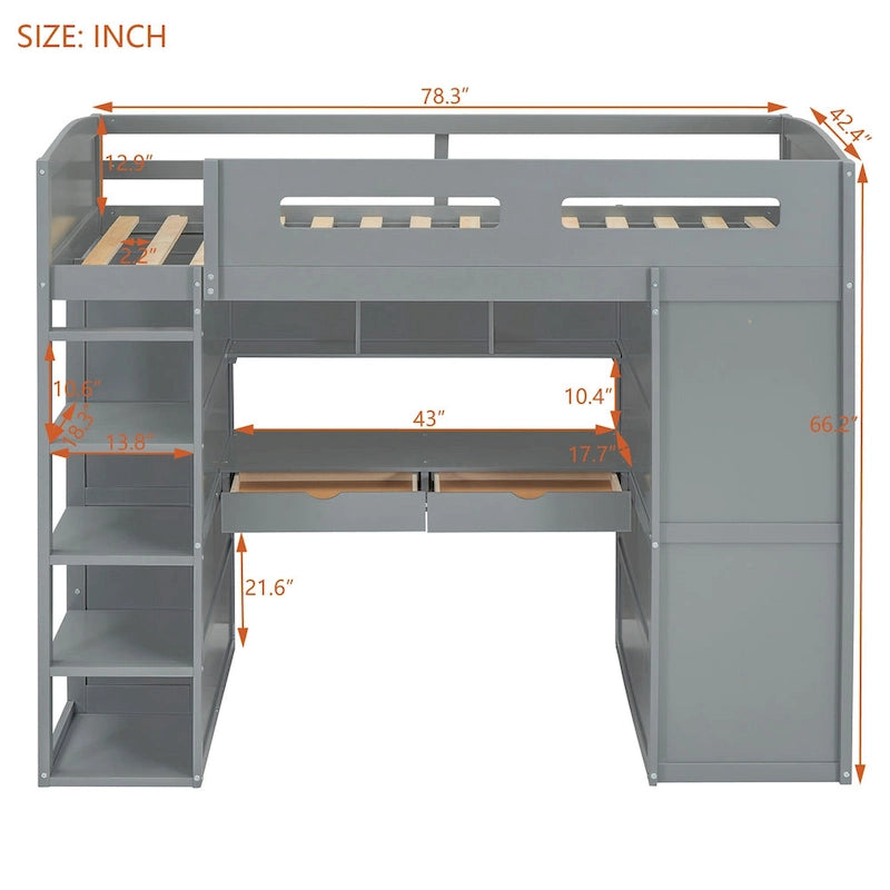 Gray Twin Solid Wood Loft Bed with Desk, Wardrobes, 4 Drawers, 4 Shelves
