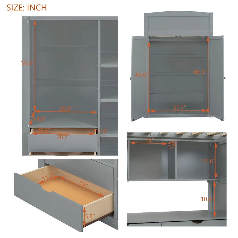 Gray Twin Solid Wood Loft Bed with Desk, Wardrobes, 4 Drawers, 4 Shelves