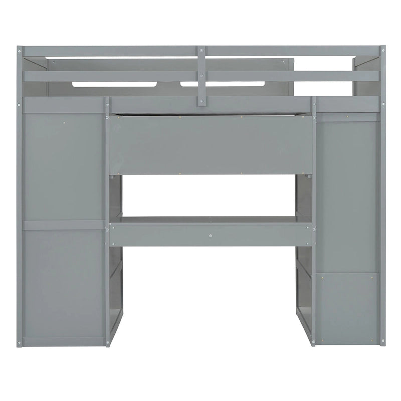Gray Twin Solid Wood Loft Bed with Desk, Wardrobes, 4 Drawers, 4 Shelves
