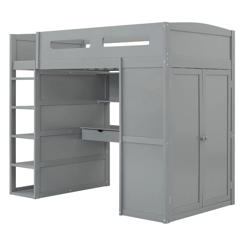 Gray Twin Solid Wood Loft Bed with Desk, Wardrobes, 4 Drawers, 4 Shelves