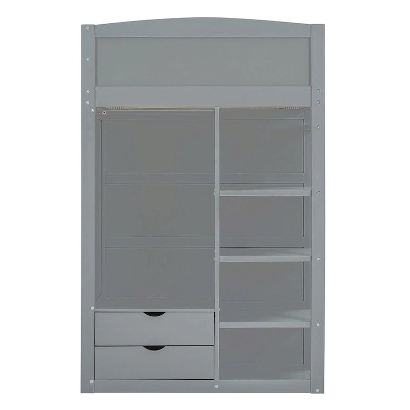 Gray Twin Solid Wood Loft Bed with Desk, Wardrobes, 4 Drawers, 4 Shelves