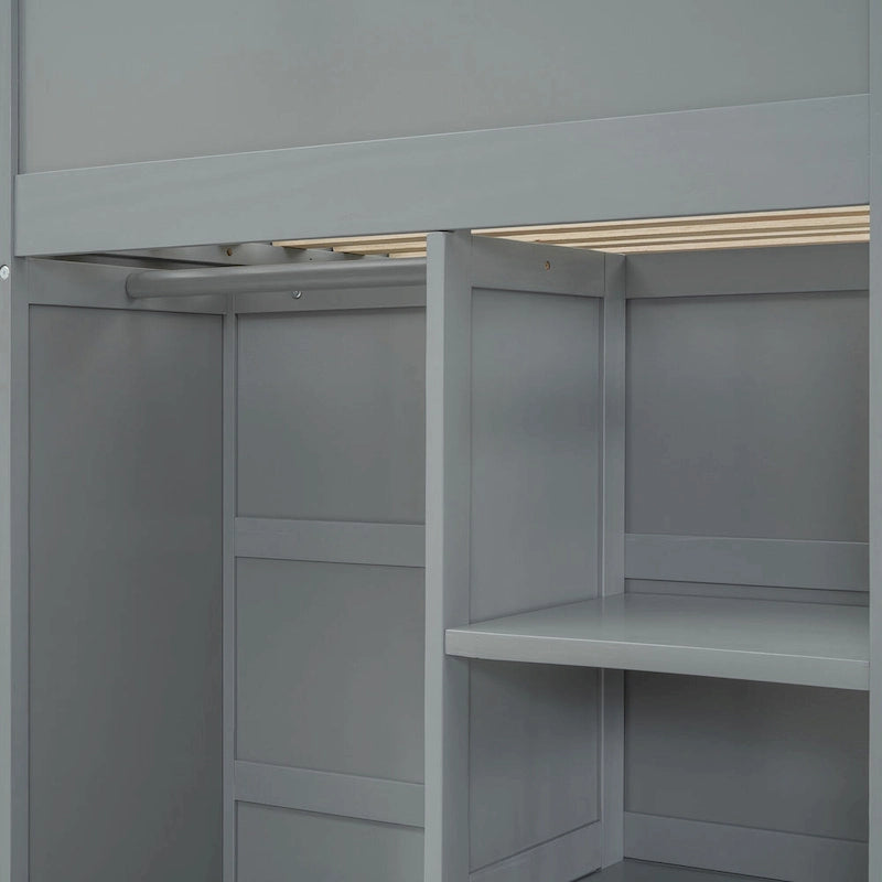 Gray Twin Solid Wood Loft Bed with Desk, Wardrobes, 4 Drawers, 4 Shelves