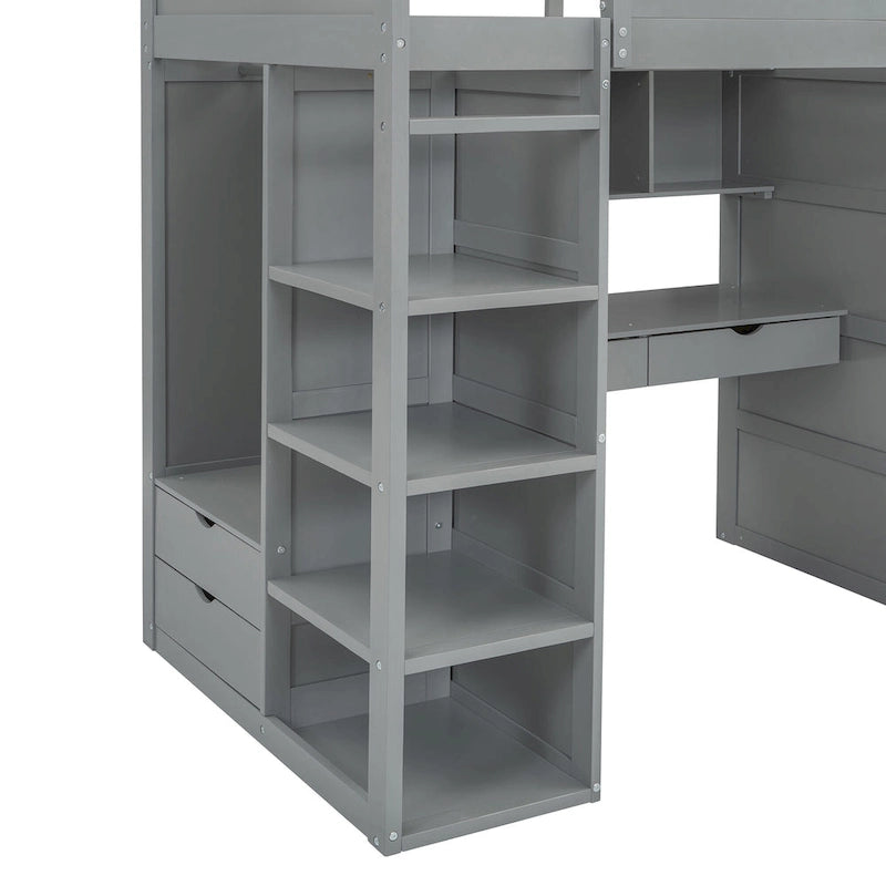 Gray Twin Solid Wood Loft Bed with Desk, Wardrobes, 4 Drawers, 4 Shelves