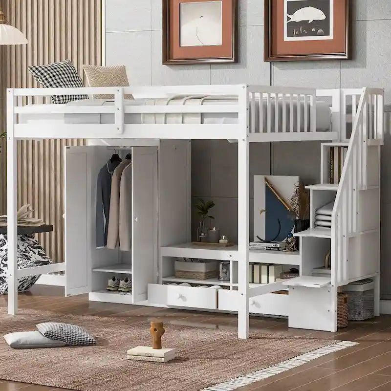 White Full Size Solid Wood Loft Bed with Wardrobe, Low Storage Table, and Staircase