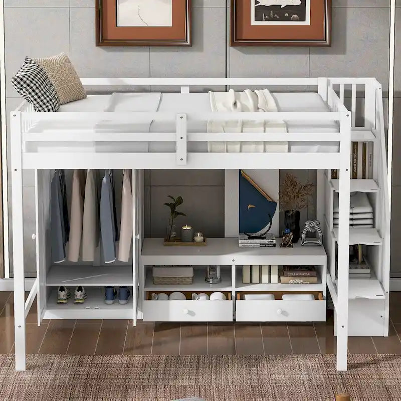 White Full Solid Wood Loft Bed with Wardrobe, Low Table, and Staircase