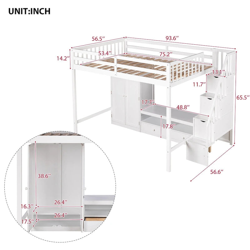 White Full Solid Wood Loft Bed with Wardrobe, Low Table, and Staircase